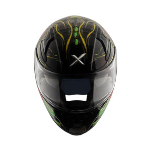 Motodrift Axor Apex Seadevil full-face sport touring helmet with black, green, and yellow graphic design