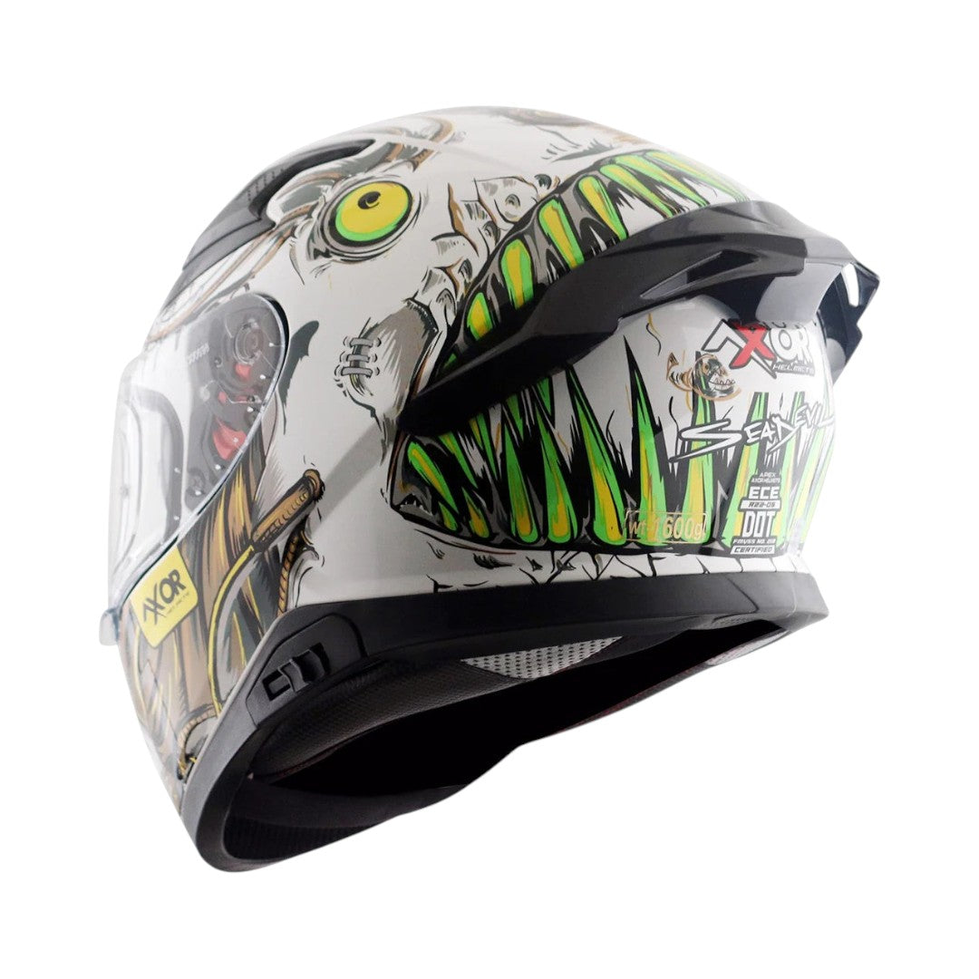 Motodrift Axor Apex Seadevil full face motorcycle helmet with aggressive monster graphic and integrated rear spoiler.
