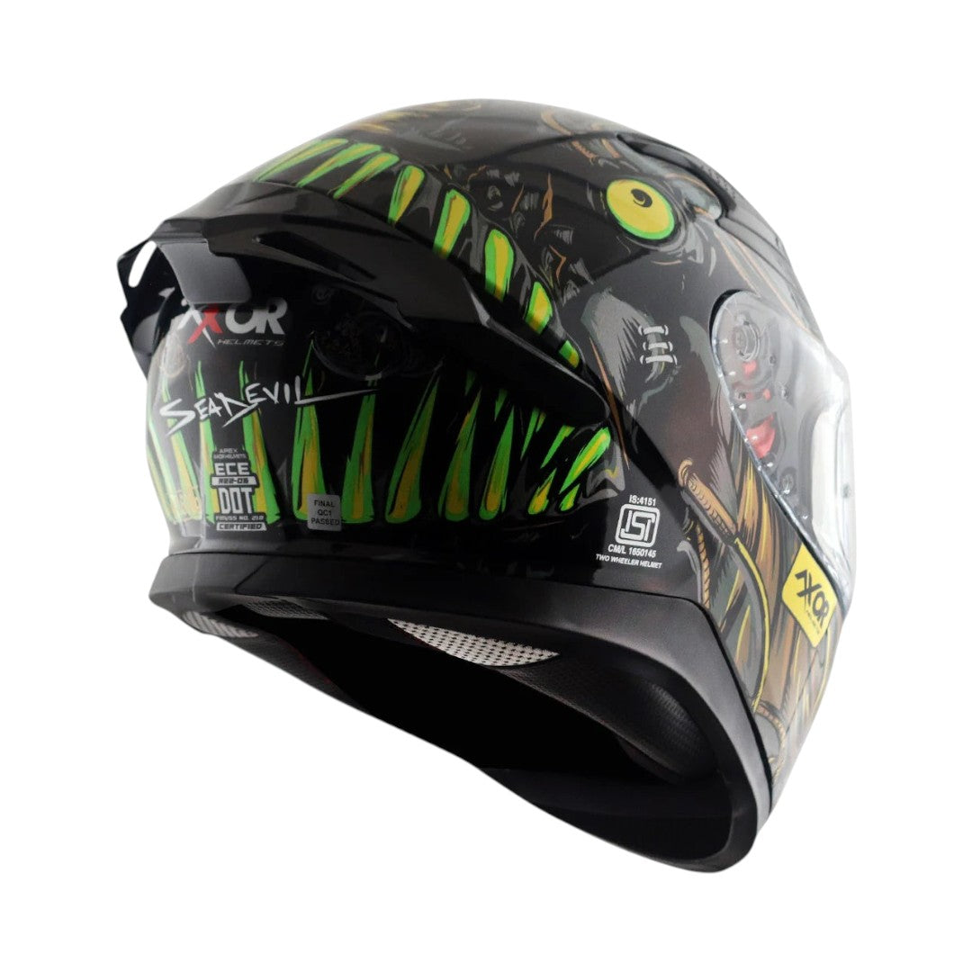 Motodrift Axor Apex Seadevil full face helmet with black and green monster graphic and integrated rear spoiler