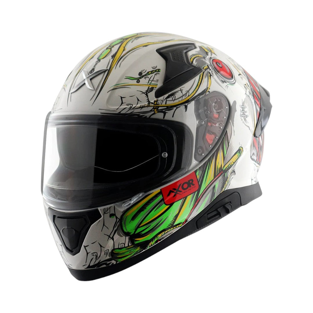 Motodrift Axor Apex Seadevil full-face motorcycle helmet with white, green, and red graphic design and clear visor