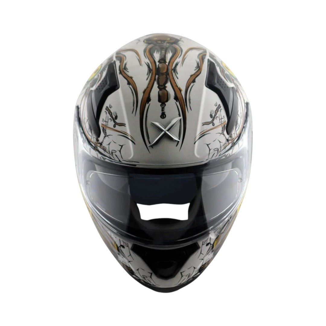 Motodrift Axor Apex Seadevil sport touring helmet in silver with intricate graphic design and integrated spoiler