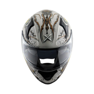 Motodrift Axor Apex Seadevil sport touring helmet in silver with intricate graphic design and integrated spoiler