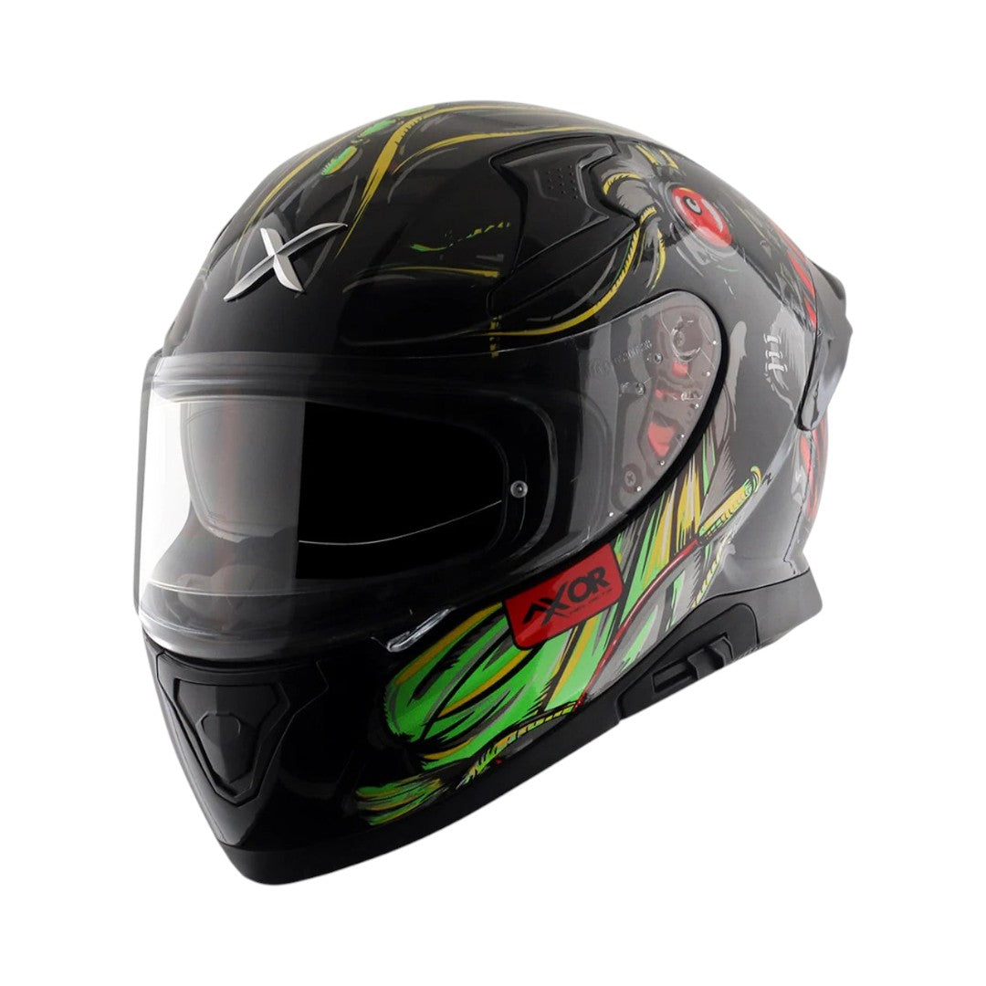 Motodrift Axor Apex Seadevil full-face motorcycle helmet in black with vibrant green and red graphic design
