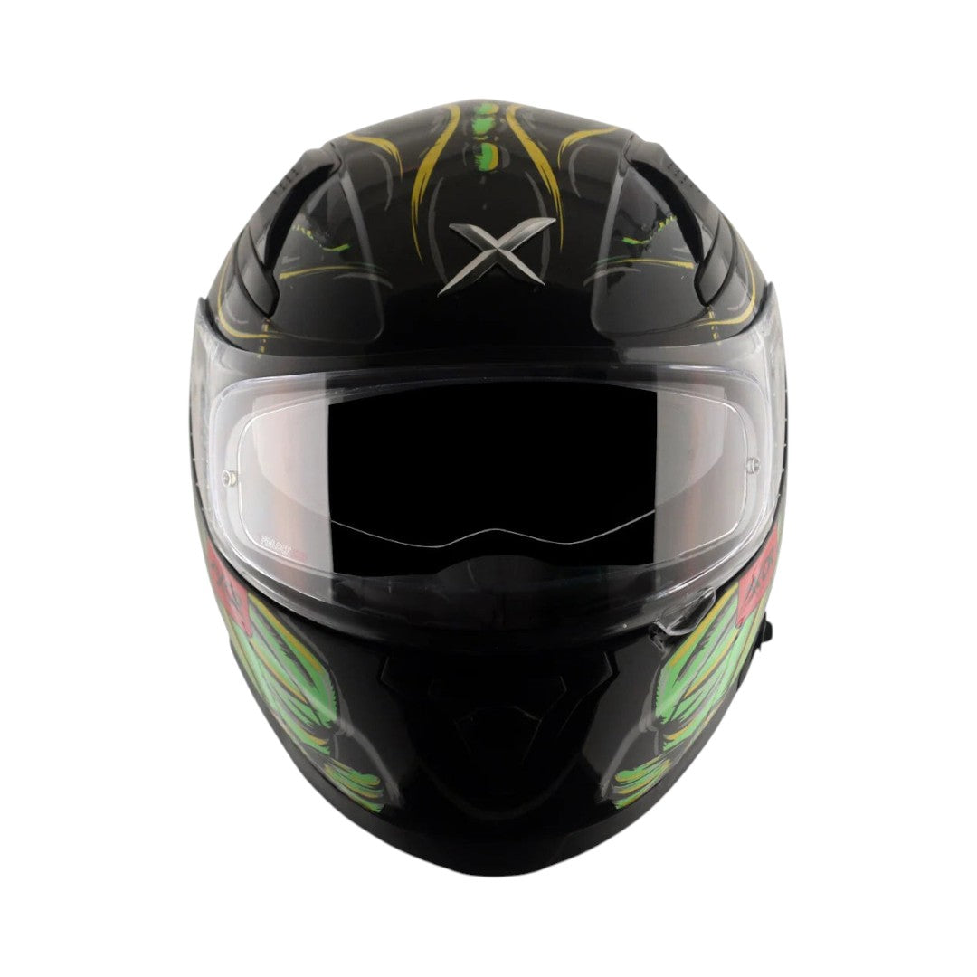 Motodrift Axor Apex Seadevil full-face motorcycle helmet in black with green and yellow graphic details
