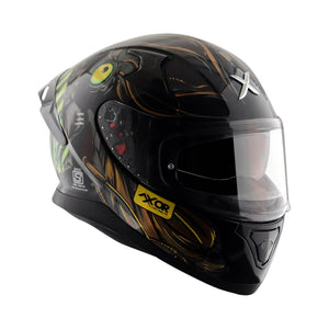 Motodrift Axor Apex Seadevil full-face motorcycle helmet in black with vibrant graphic design and integrated spoiler.