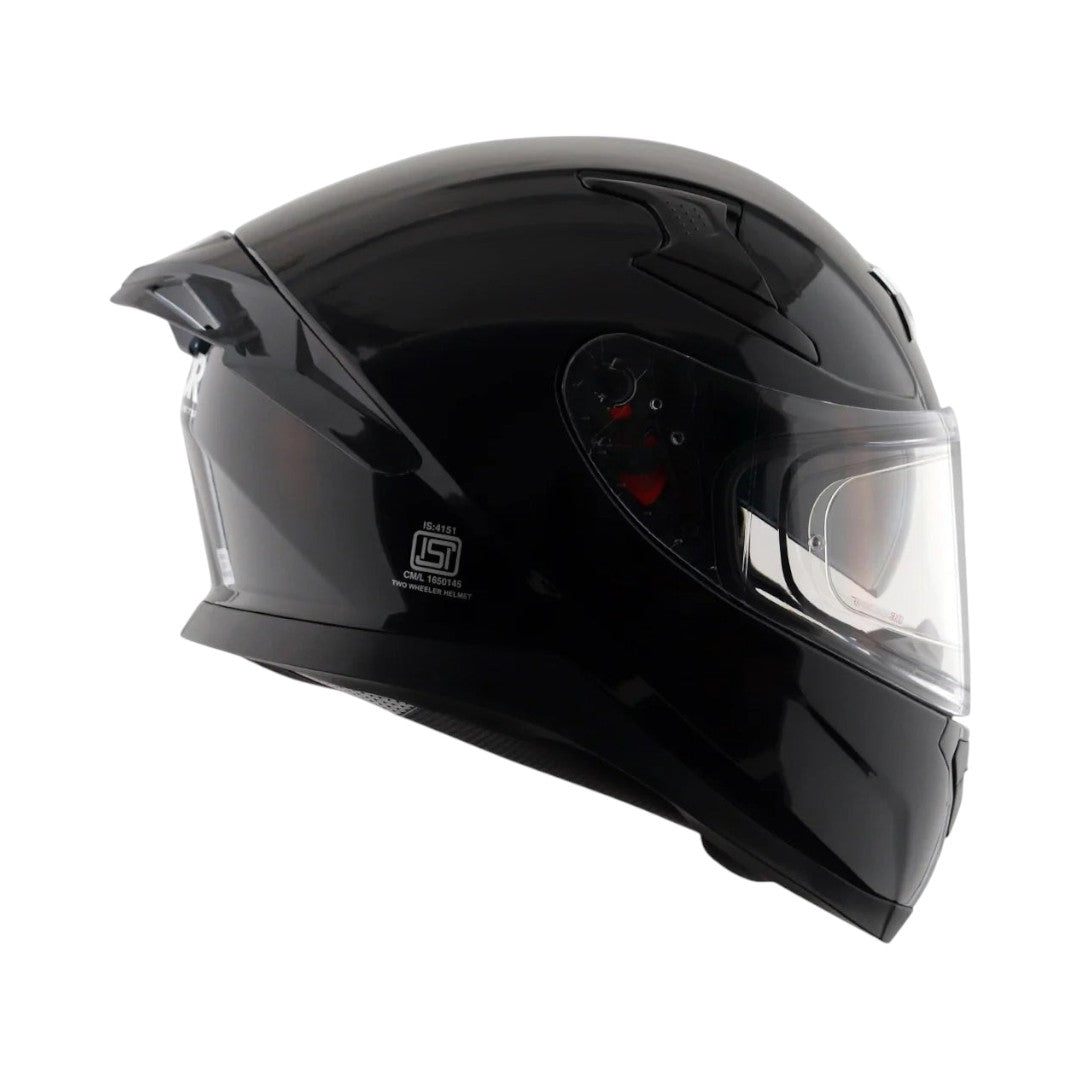 Motodrift Axor Apex Solid full-face motorcycle helmet in glossy black with a clear visor and aerodynamic design