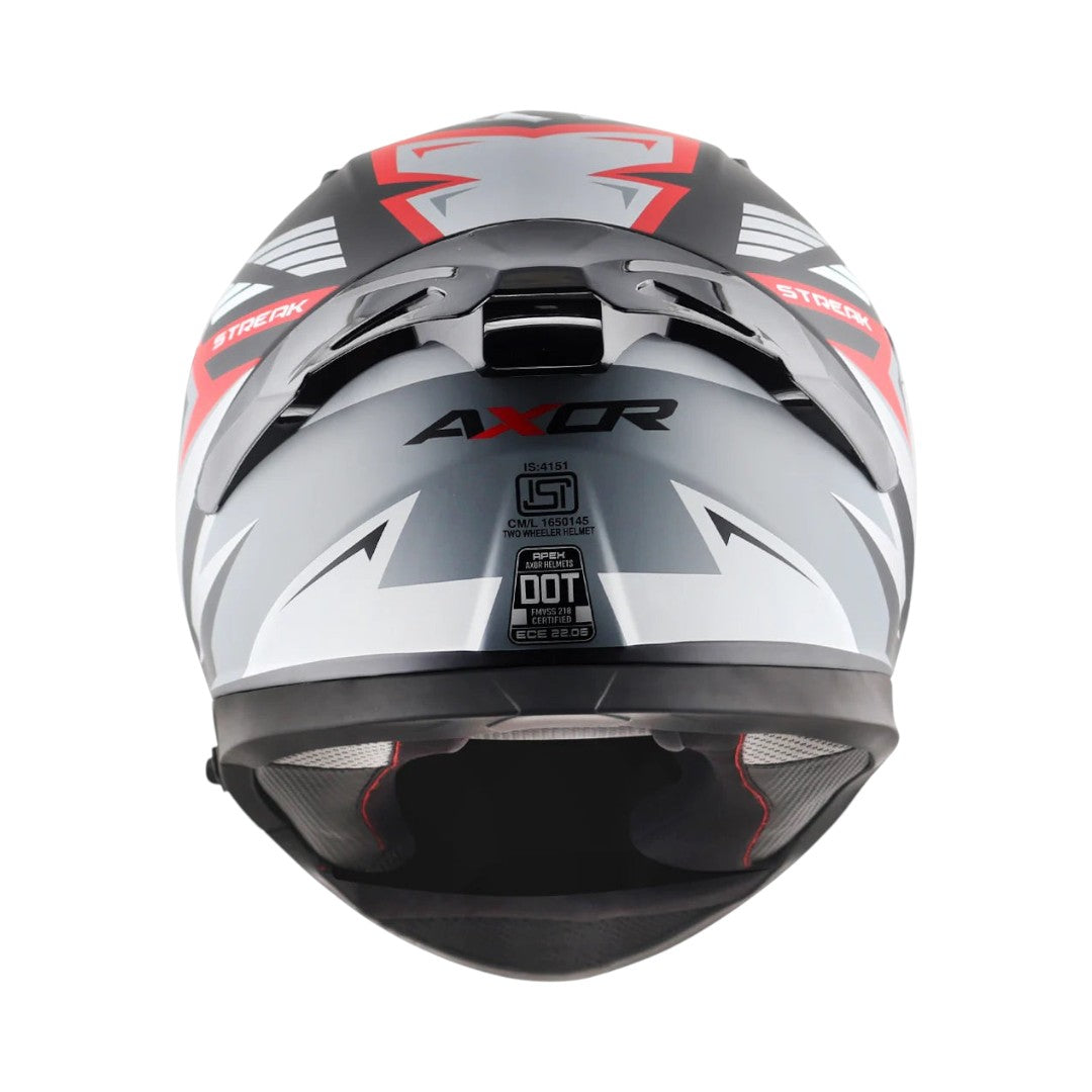 Motodrift Axor Apex Streak full-face motorcycle helmet in black, grey, and red with rear ventilation and safety labels