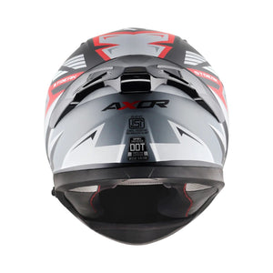 Motodrift Axor Apex Streak full-face motorcycle helmet in black, grey, and red with rear ventilation and safety labels