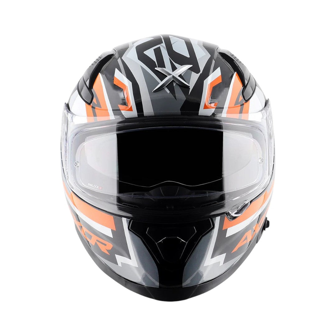 Motodrift Axor Apex Streak full-face helmet in black, white, and orange with a futuristic angular graphic design.