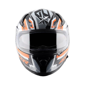 Motodrift Axor Apex Streak full-face helmet in black, white, and orange with a futuristic angular graphic design.