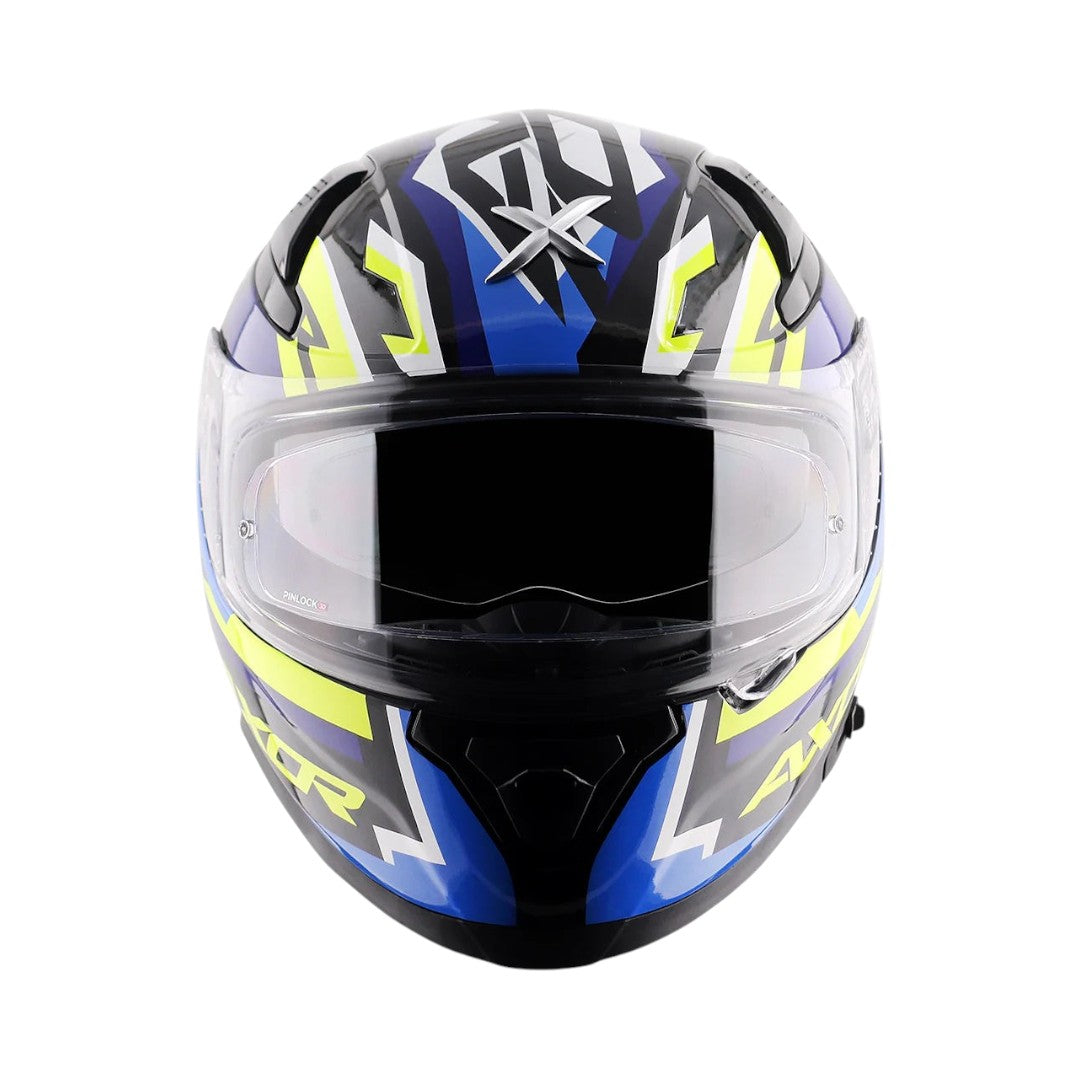 Motodrift Axor Apex Streak full-face motorcycle helmet in black, blue, and yellow with angular prism graphic design