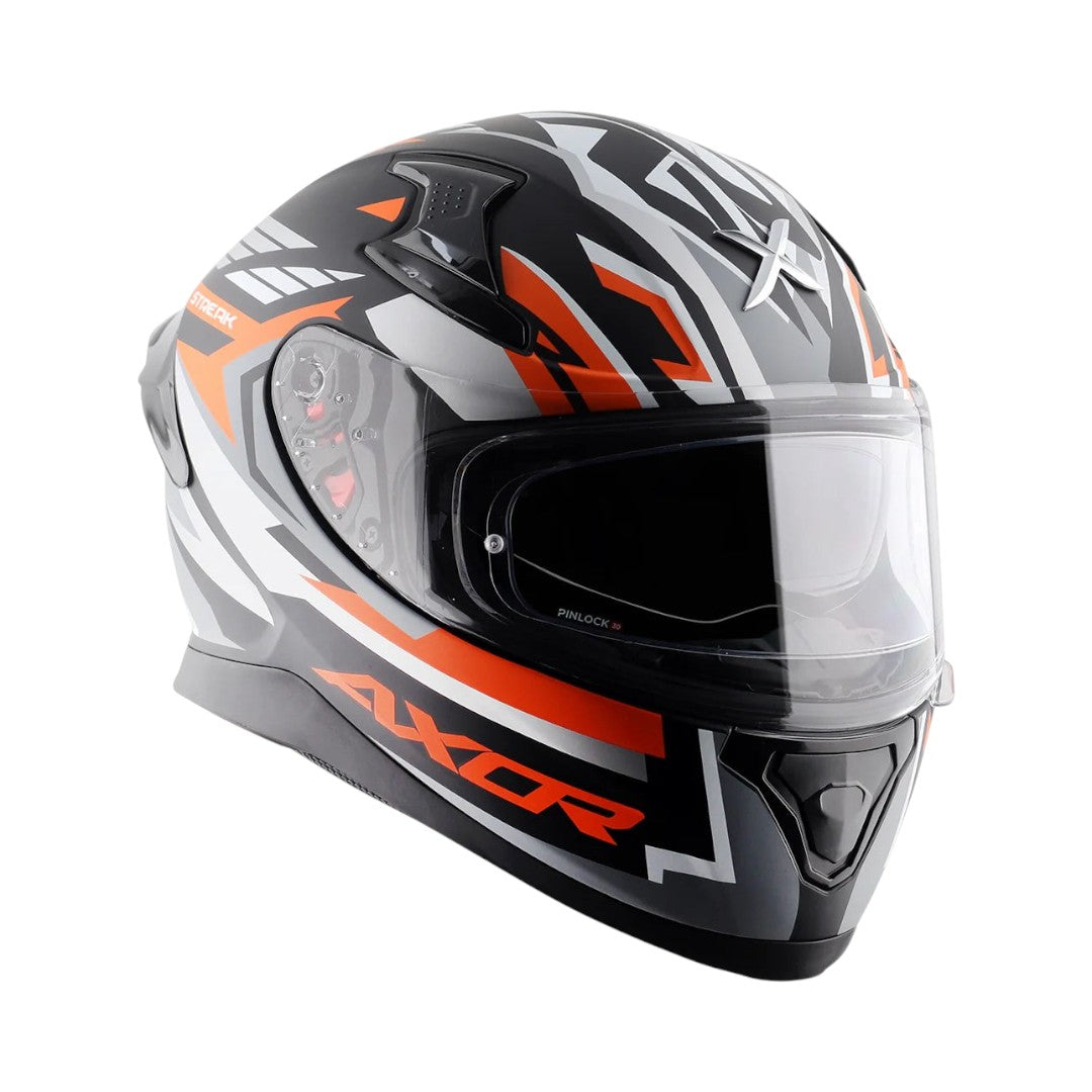 Motodrift Axor Apex Streak full-face motorcycle helmet in black, grey, and orange with futuristic prism graphics.