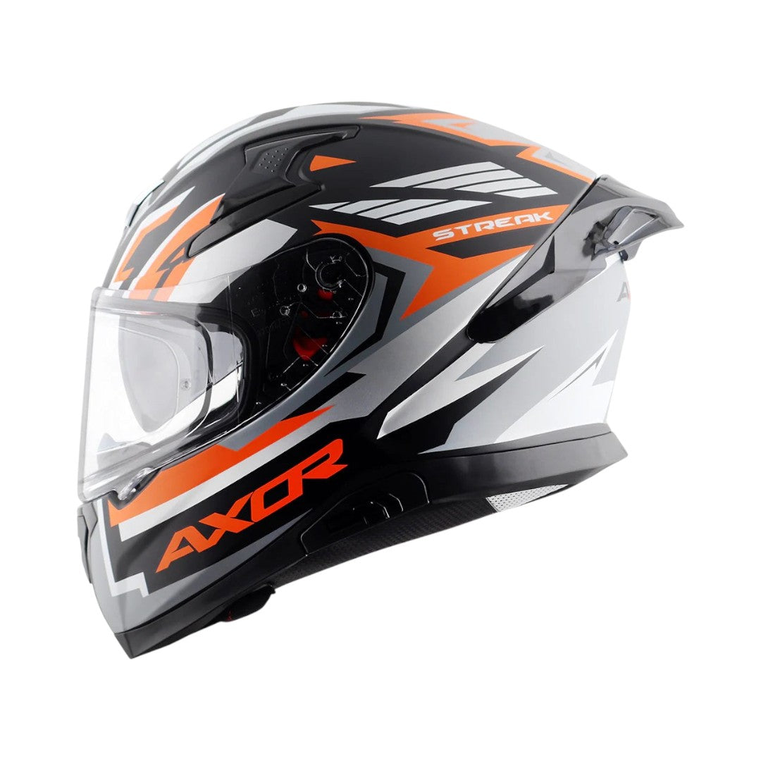 Motodrift Axor Apex Streak full-face helmet in black, silver, and orange with futuristic prism graphic design.