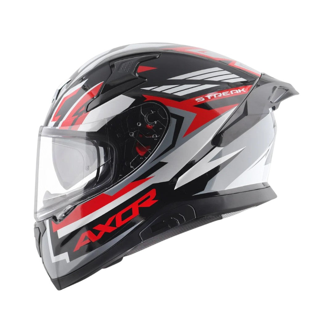 Motodrift Axor Apex Streak full-face motorcycle helmet in black, red, and silver with futuristic prism graphics.