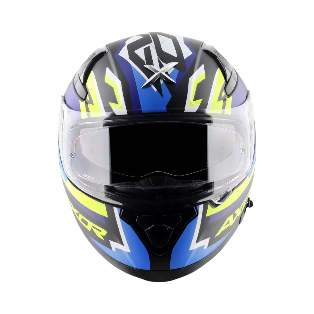 Motodrift Axor Apex Streak full-face motorcycle helmet in black, blue, and yellow with futuristic prism graphics.