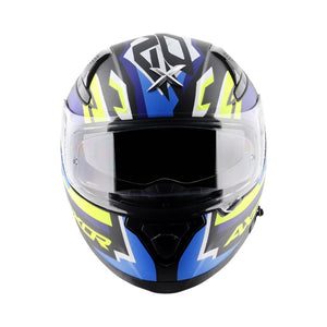 Motodrift Axor Apex Streak full-face motorcycle helmet in black, blue, and yellow with futuristic prism graphics.