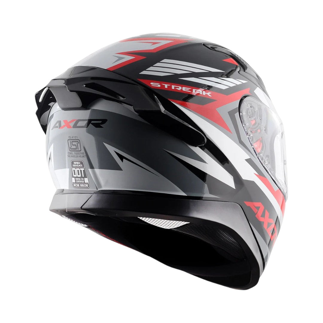 Motodrift Axor Apex Streak full-face motorcycle helmet in black, grey, and red with futuristic prism graphic design.