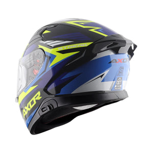 Motodrift Axor Apex Streak full-face motorcycle helmet in blue, black, and neon yellow with angular prism graphics.