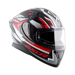 Motodrift Axor Apex Streak full-face motorcycle helmet in black, grey, and red with futuristic angular graphics.