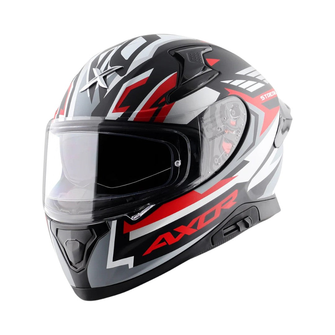 Motodrift Axor Apex Streak full-face motorcycle helmet in black, white, and red with futuristic angular graphics