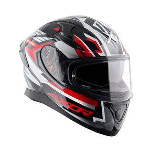 Motodrift Axor Apex Streak full-face motorcycle helmet in black, white, and red with futuristic angular graphics.
