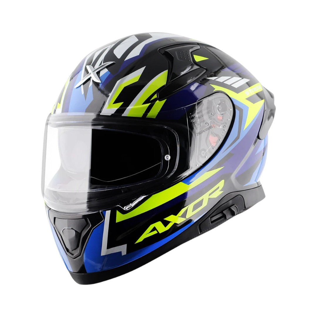 Motodrift Axor Apex Streak full-face motorcycle helmet in black, blue, and neon yellow with prism graphic design.