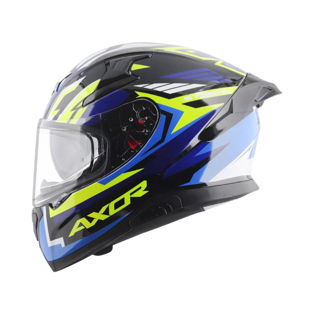 Motodrift Axor Apex Streak full-face motorcycle helmet in black, blue, and neon yellow with angular graphic design