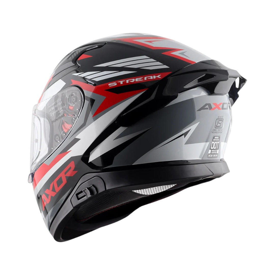 Motodrift Axor Apex Streak full-face motorcycle helmet in black, red, and grey with angular prism graphic design