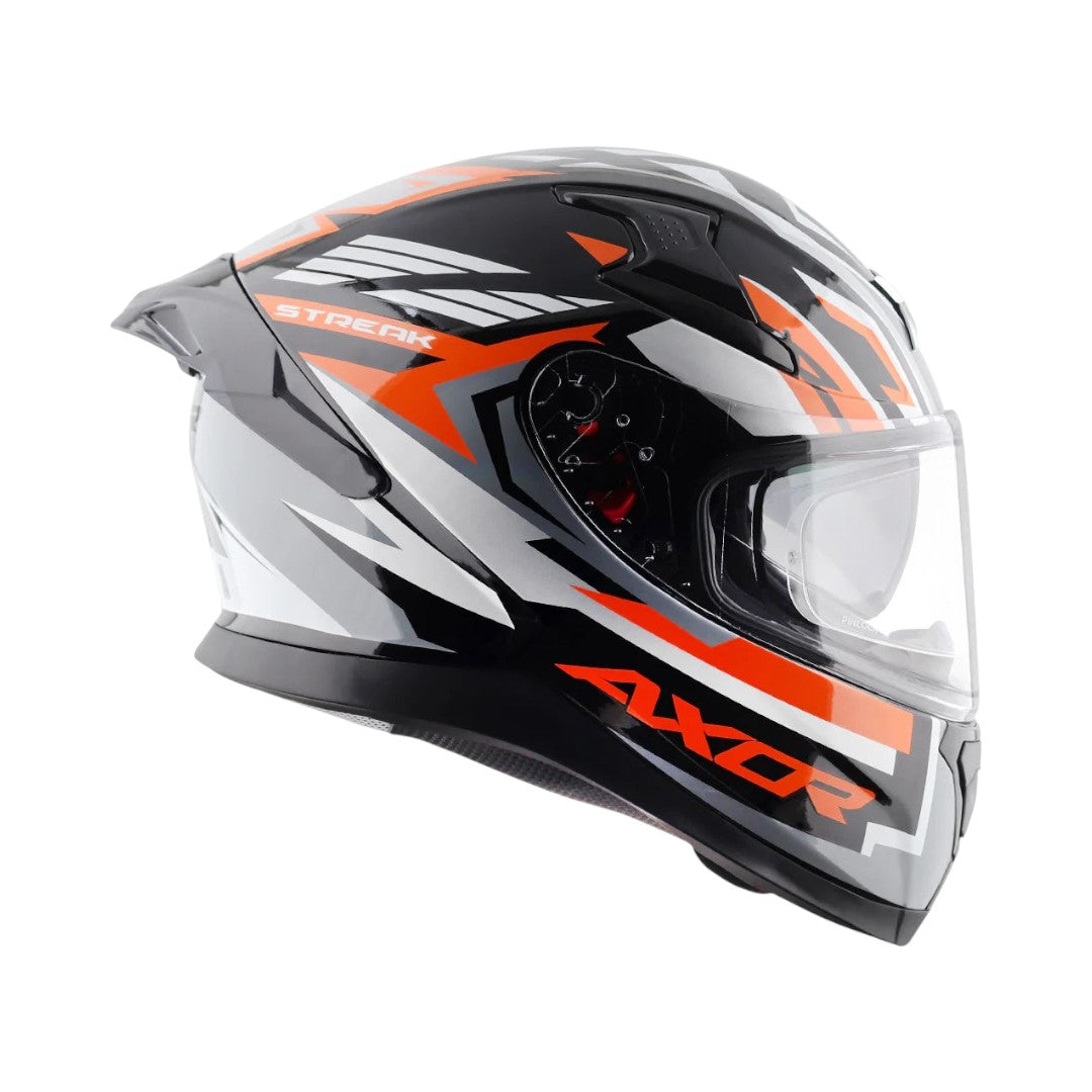 Motodrift Axor Apex Streak full-face motorcycle helmet in black, grey, and orange with angular prism graphic design.