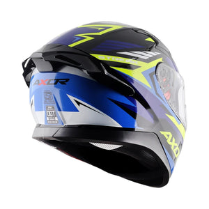 Motodrift Axor Apex Streak full-face helmet in black, blue, and neon yellow with angular prism graphics and rear spoiler