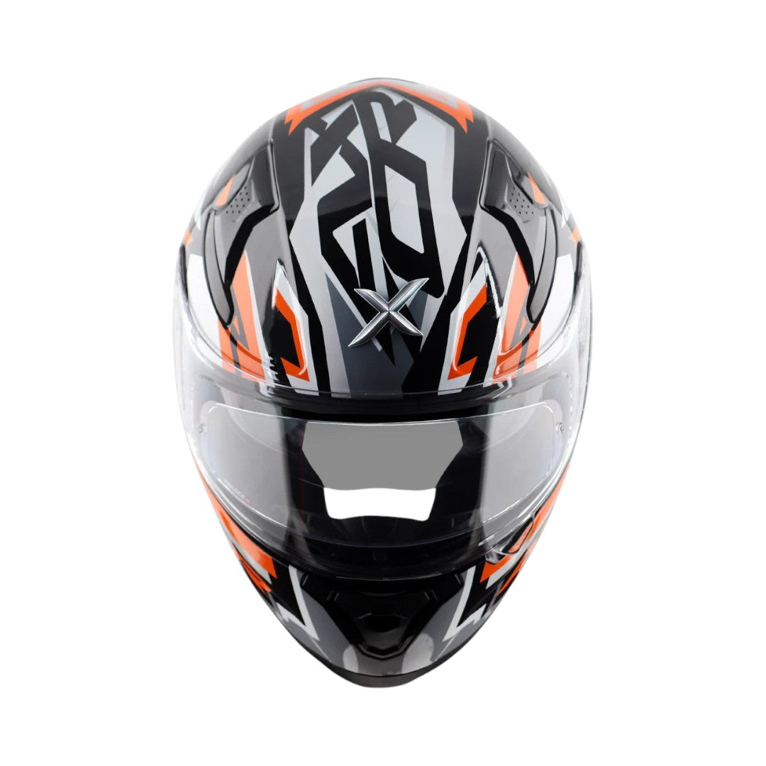 Motodrift Axor Apex Streak full-face motorcycle helmet with black, white, and orange futuristic prism graphic design
