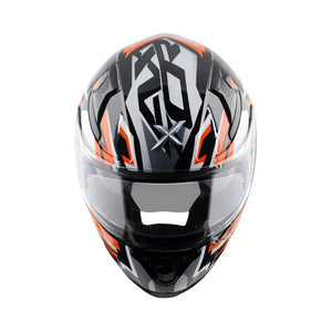 Motodrift Axor Apex Streak full-face motorcycle helmet with black, white, and orange futuristic prism graphic design