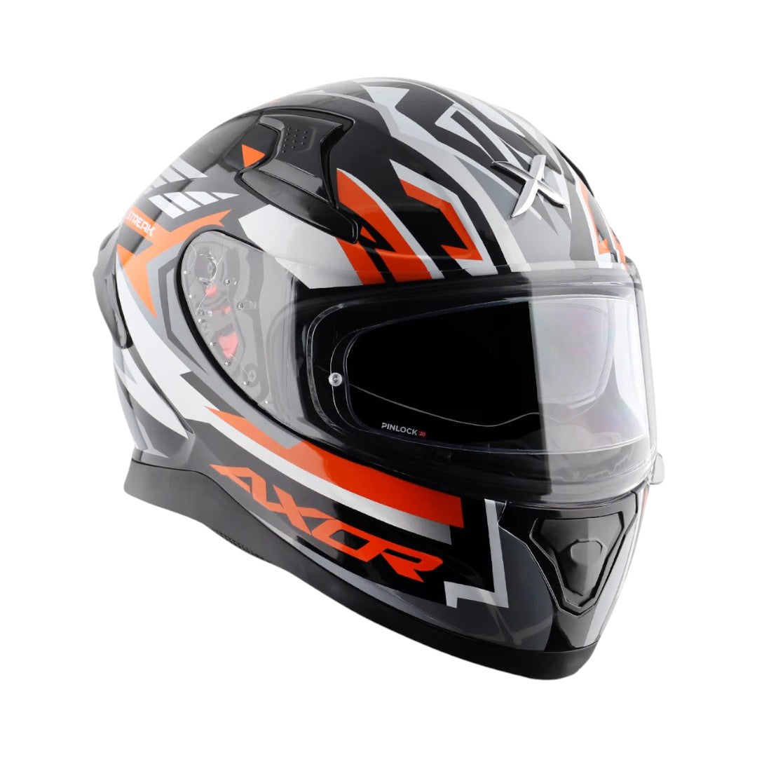 Motodrift Axor Apex Streak full-face motorcycle helmet in black, white, and orange with futuristic prism graphics