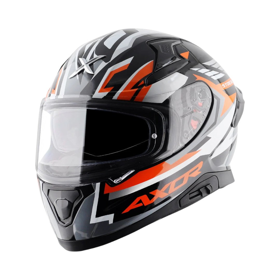 Motodrift Axor Apex Streak full-face motorcycle helmet in black, white, and orange with futuristic prism graphics.