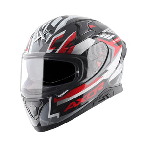 Motodrift Axor Apex Streak full-face motorcycle helmet in black, white, and red with futuristic angular graphics.