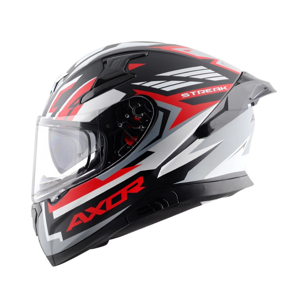 Motodrift Axor Apex Streak full-face motorcycle helmet in black, red, and silver with futuristic angular graphics.