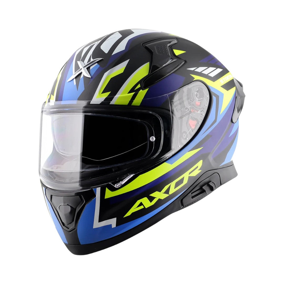 Motodrift Axor Apex Streak full-face motorcycle helmet in black, blue, and neon yellow with prism graphic design.