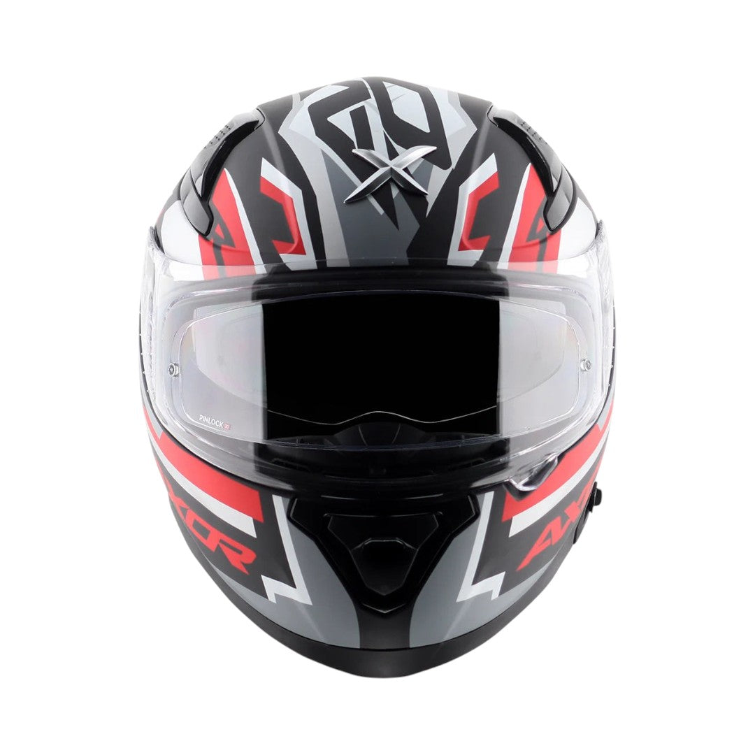 Motodrift Axor Apex Streak full-face helmet in black, grey, and red with futuristic prism graphics and clear visor