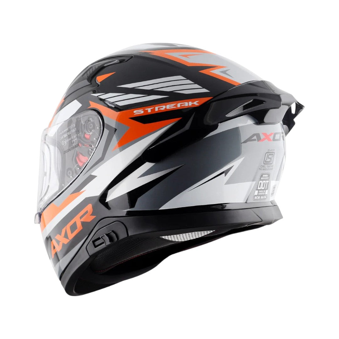 Motodrift Axor Apex Streak full-face motorcycle helmet in black, grey, and orange with futuristic angular graphics.