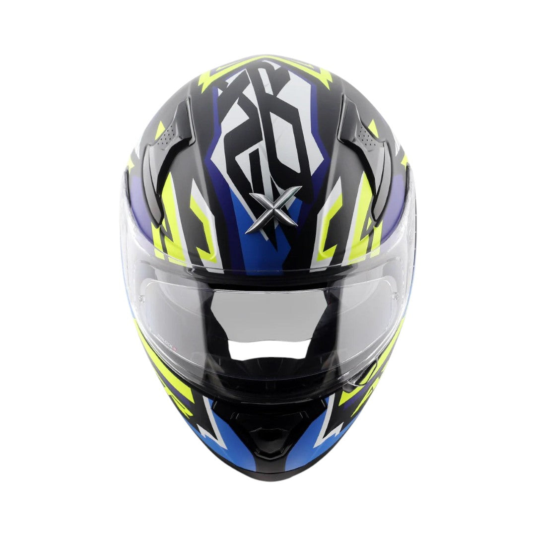 Motodrift Axor Apex Streak full-face helmet in black, blue, and yellow with futuristic prism graphic design