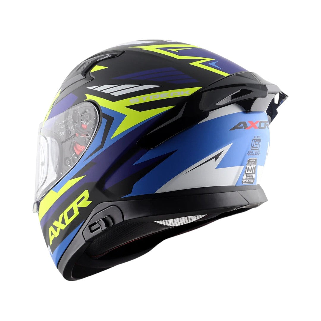 Motodrift Axor Apex Streak full-face motorcycle helmet in blue, black, and yellow with angular prism graphic design.