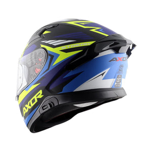 Motodrift Axor Apex Streak full-face motorcycle helmet in blue, black, and yellow with angular prism graphic design.