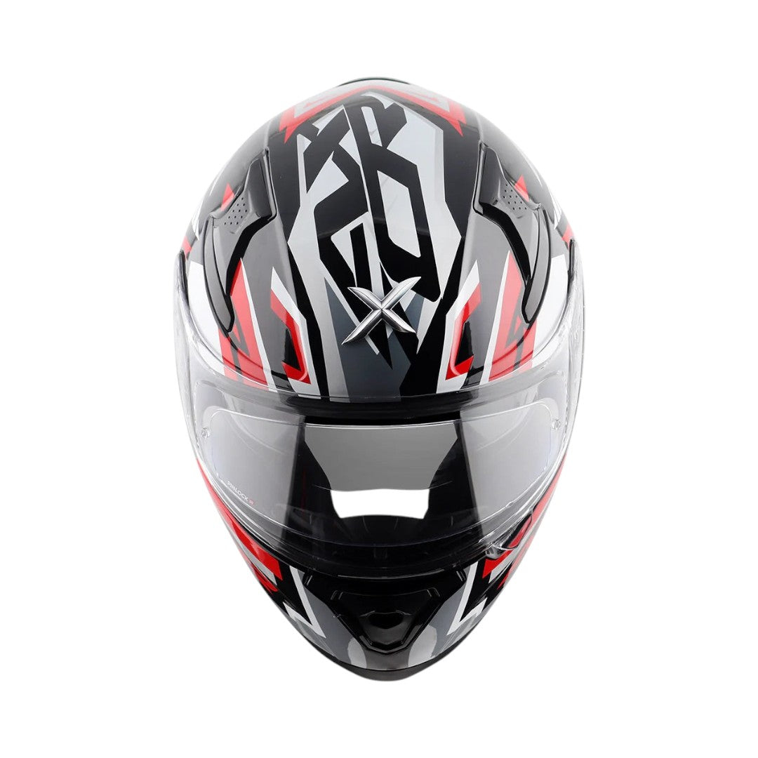 Motodrift Axor Apex Streak full-face motorcycle helmet in black, white, and red with futuristic angular graphics.