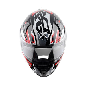 Motodrift Axor Apex Streak full-face motorcycle helmet in black, white, and red with futuristic angular graphics.