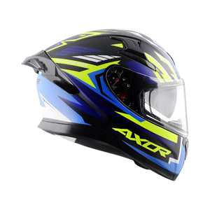 Motodrift Axor Apex Streak full-face motorcycle helmet in black, blue, and neon yellow with angular prism graphics.