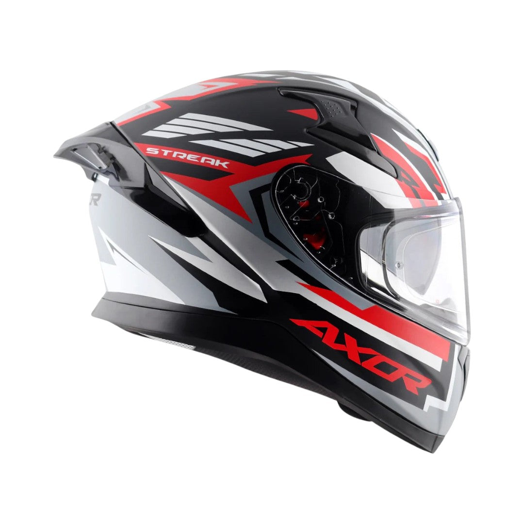 Motodrift Axor Apex Streak full-face motorcycle helmet in black, red, and silver with angular prism graphic design