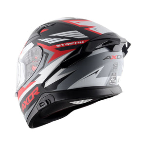 Motodrift Axor Apex Streak full-face motorcycle helmet in black, grey, and red with futuristic angular graphics.