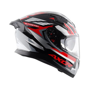 Motodrift Axor Apex Streak full-face motorcycle helmet in black, red, and silver with angular prism graphic design