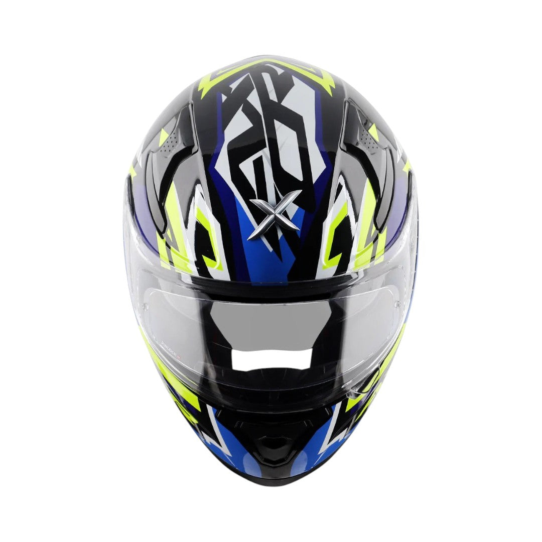 Motodrift Axor Apex Streak full-face helmet with black, blue, and neon yellow angular prism graphics, front view