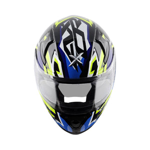 Motodrift Axor Apex Streak full-face helmet with black, blue, and neon yellow angular prism graphics, front view